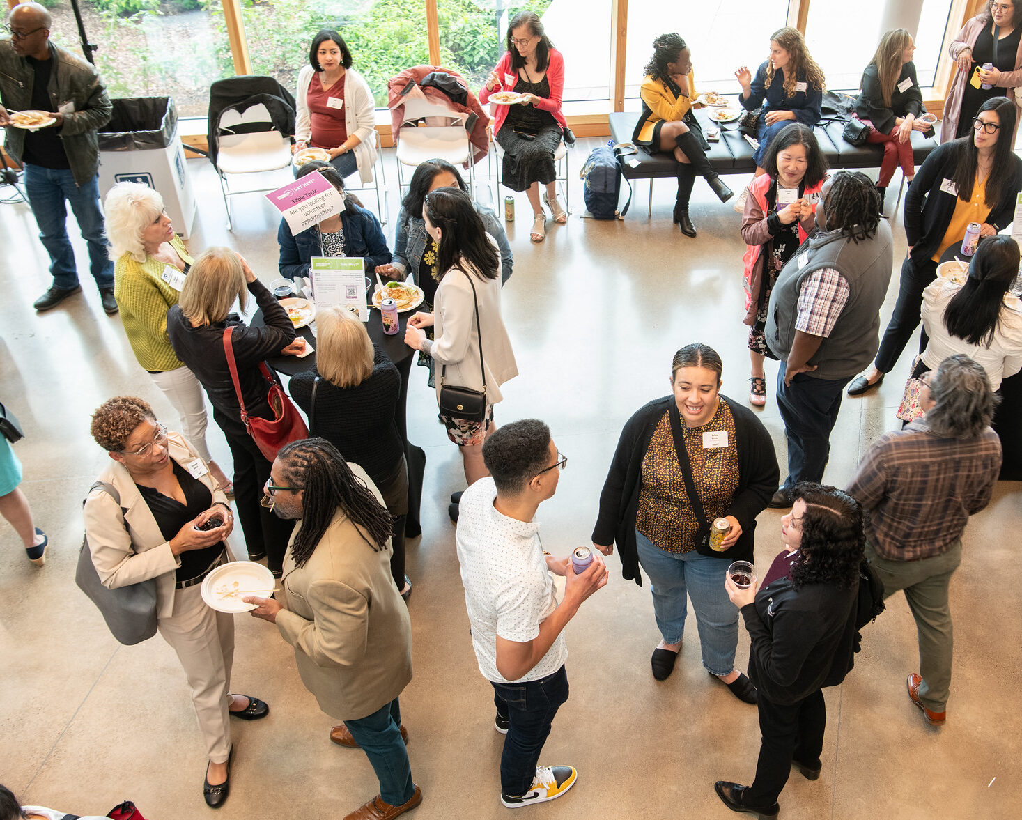 An overhead shot of a group of people mingling